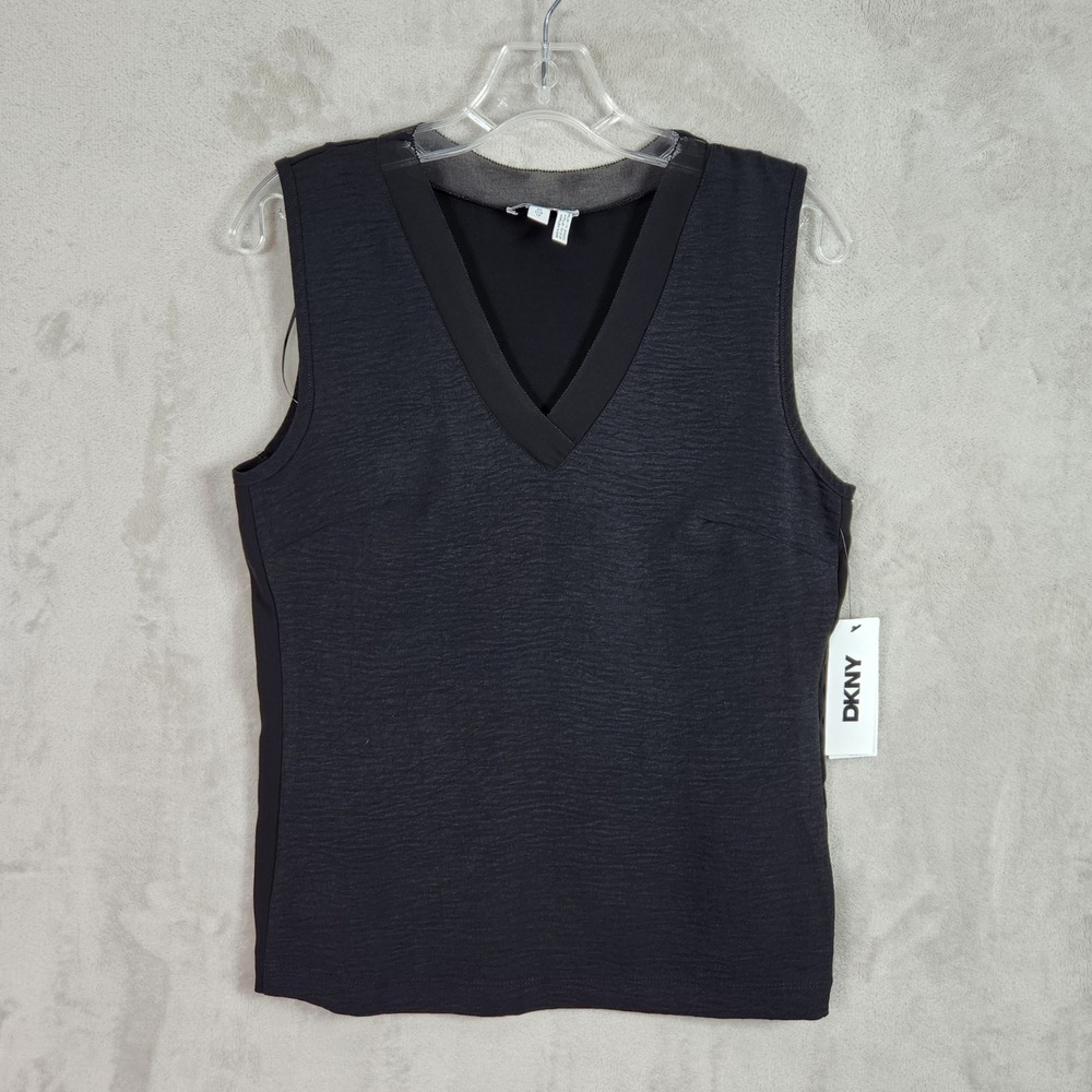 DKNY V-Neck Sleeveless Top Womens XS Black Sheer Trim‎ Textured Shell UK4TG627